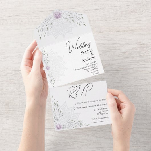 マンダラシンプルスの葉とピンクの蓮結婚蓮 オールインワン招待状 (貼ってはがせる)