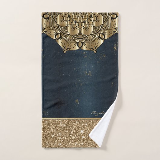 マンダラスタイリッシュ、金ゴールドストライプグリッターネイビーブルー バスタオルセット (ハンドタオル)