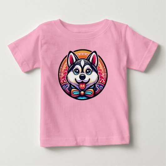 マンダラスタイルで描かれたかわいいハスキー ベビーTシャツ (正面)