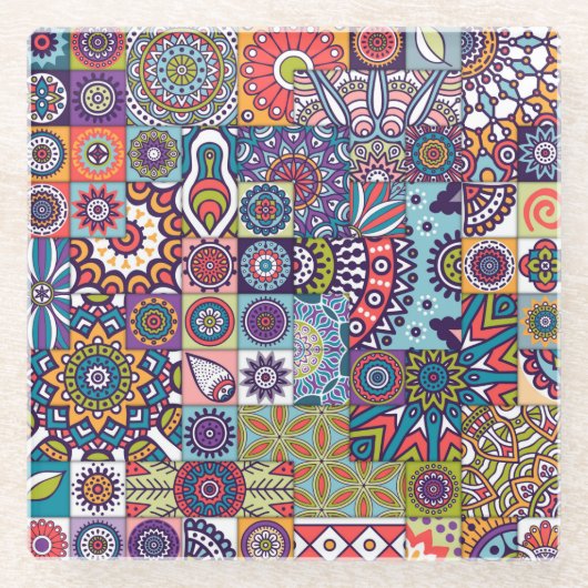 マンダラタイルパターン ガラスコースター (正面)