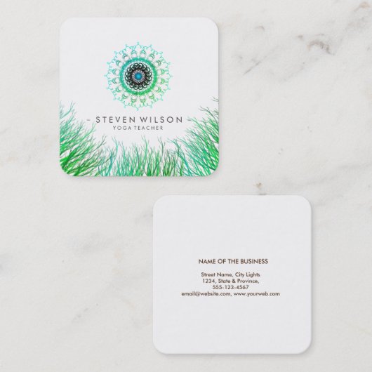 マンダラダマスクグリーンヨガホリスティック スクエア名刺 (正面/裏面)