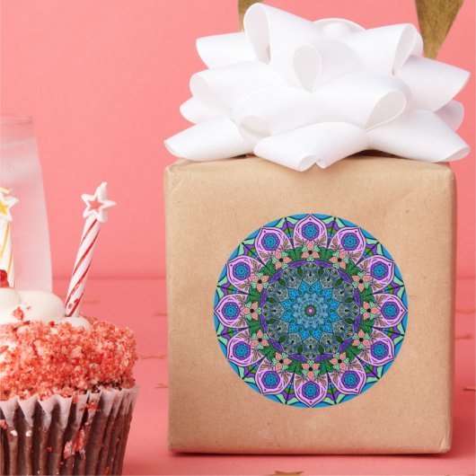 マンダラテアルローズ12花びらピンクオレンジティール（緑がかった色） ラウンドシール (パーティー)