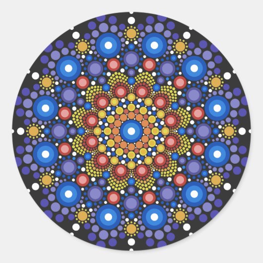 マンダラドットフラクタルレトロヒッピートリップ(幻覚体験)のようなドット ラウンドシール (正面)