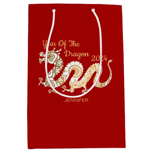 マンダラドラゴン中国の2024年正月赤 ミディアムペーパーバッグ (正面)