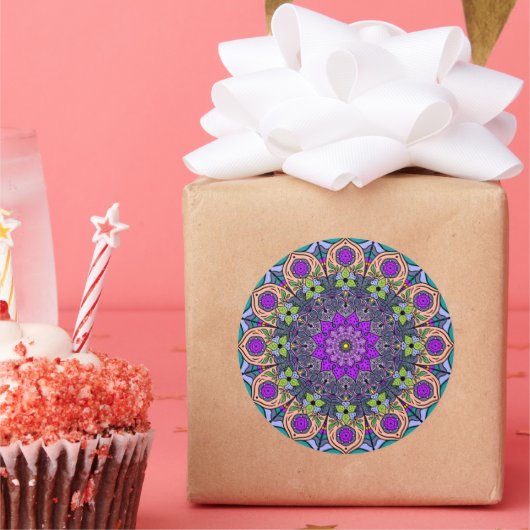 マンダラバイオレットピーチ12花びらサーモンピンクグリーン ラウンドシール (パーティー)