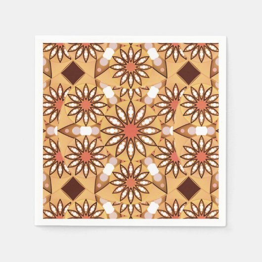 マンダラパターン、キャラメルタン、チョコレートブラウン スタンダードカクテルナプキン (正面)