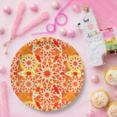 マンダラパターン、コーラルオレンジと金ゴールド ペーパープレート (パーティー)