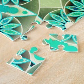 マンダラパターン、ターコイズ、シルバーグレーと白 ジグソーパズル (側面)