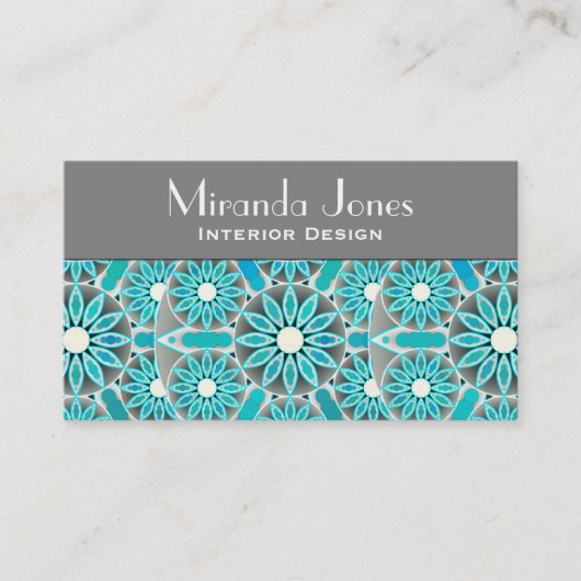 マンダラパターン、ターコイズ、シルバーグレーと白 名刺 (正面)