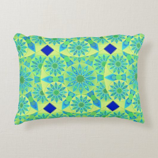 マンダラパターン，ターコイズ，青，ライムグリーン アクセントクッション (正面)
