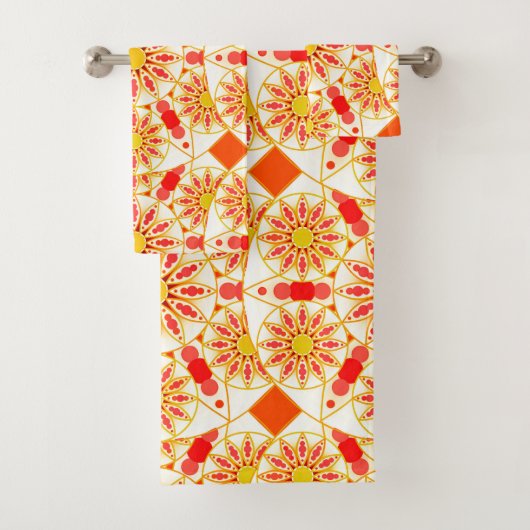 マンダラパターン、レンガ赤、錆、金ゴールド バスタオルセット (インサイチュ)