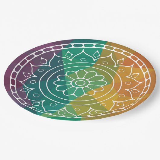 マンダラフラワーの虹のローポリカラフルデザイン ペーパープレート (アングル)