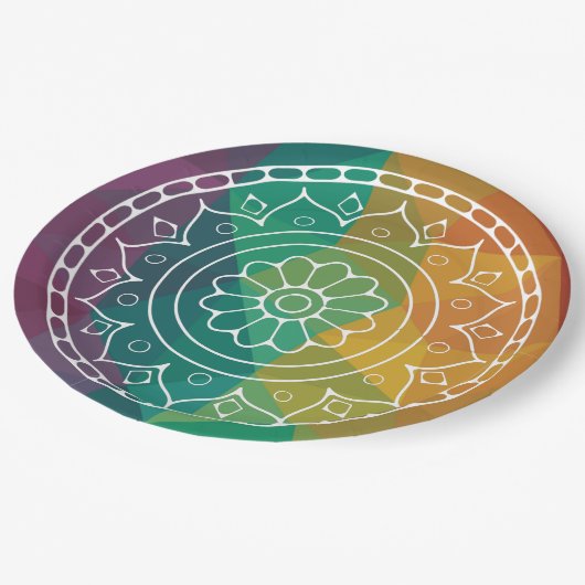マンダラフラワーインドレインボーボーホカラフルデザイン ペーパープレート (アングル)