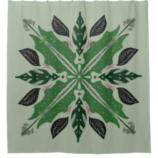 マンダラベゴニアフローラグリーンリーボタニカル シャワーカーテン (正面)