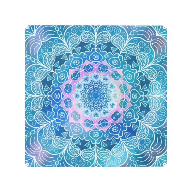 マンダラホワイト輪郭ブルーウォーター色 –  メタルプリント (正面)