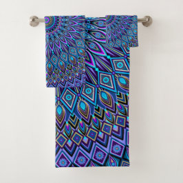 マンダラボホブルーティール（緑がかった色）パープルピーコックオリエンタル バスタオルセット