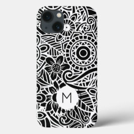マンダラモダンフローラモノグラムイニシャル白黒 iPhone 13ケース