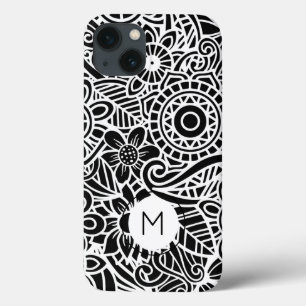 マンダラモダンフローラモノグラムイニシャル白黒 iPhone 13ケース
