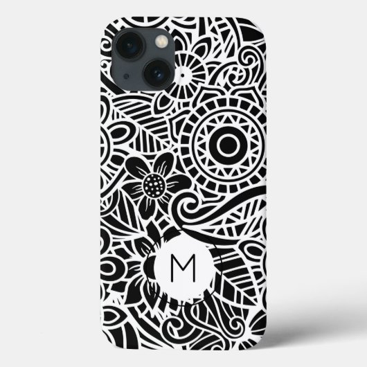 マンダラモダンフローラモノグラムイニシャル白黒 Case-Mate iPhoneケース (裏面)
