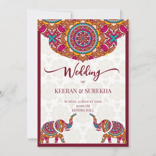 マンダラランゴリ象インディアン結婚式招待状 招待状 (正面)