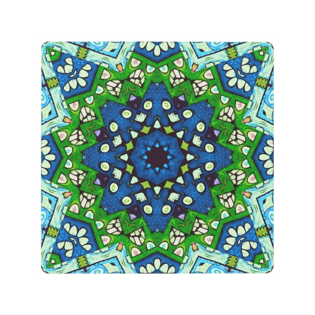 マンダラレトロモザイクグリーンブルーパターン メタルプリント (正面)