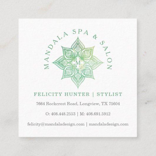 マンダラロータスフラワーロゴ&アクアグリーンウォーター色 スクエア名刺 (裏面)