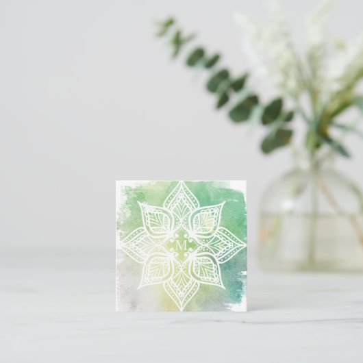 マンダラロータスフラワーロゴ&アクアグリーンウォーター色 スクエア名刺 (スタンド正面)