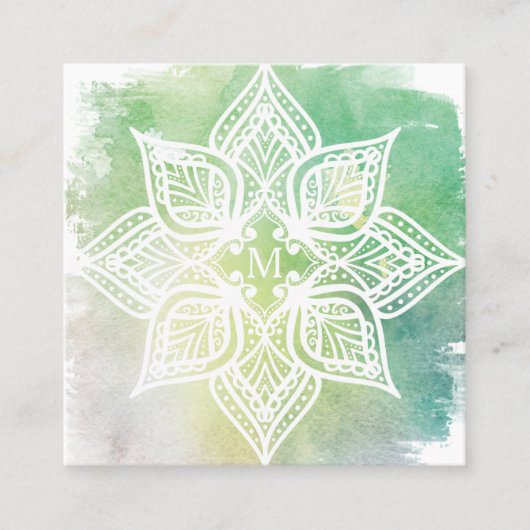 マンダラロータスフラワーロゴ&アクアグリーンウォーター色 スクエア名刺 (正面)