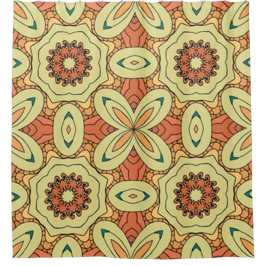 マンダラ付きのエスニックオレンジの継ぎ目のない模様。イラス シャワーカーテン (正面)