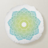 マンダラ付き瞑想ティール（緑がかった色）緑 ラウンドクッション (裏面)