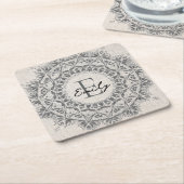 マンダラ名前をカスタムするモノグラムモノクロライトグレー スクエアペーパーコースター (アングル)