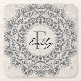 マンダラ名前をカスタムするモノグラムモノクロライトグレー スクエアペーパーコースター