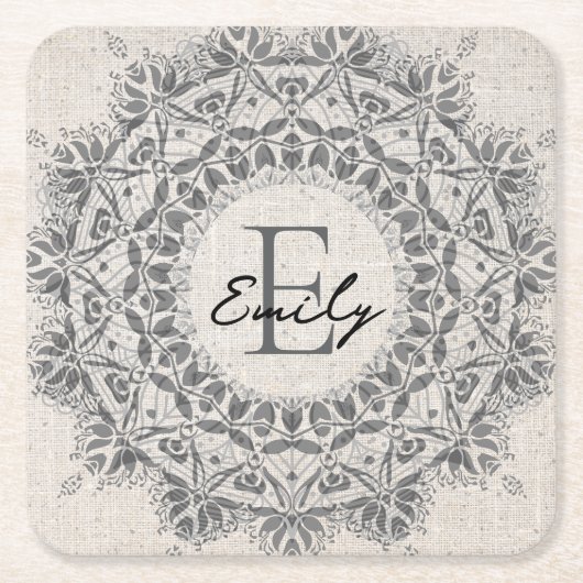 マンダラ名前をカスタムするモノグラムモノクロライトグレー スクエアペーパーコースター (正面)