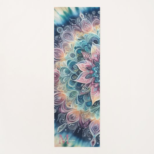 マンダラ絞り染めピンクボホウォーター色名モノグラム ヨガマット (正面)