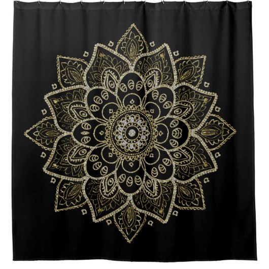 マンダラ華美イン金ゴールド&ダイヤモンドグリッターテクスチャ シャワーカーテン (正面)