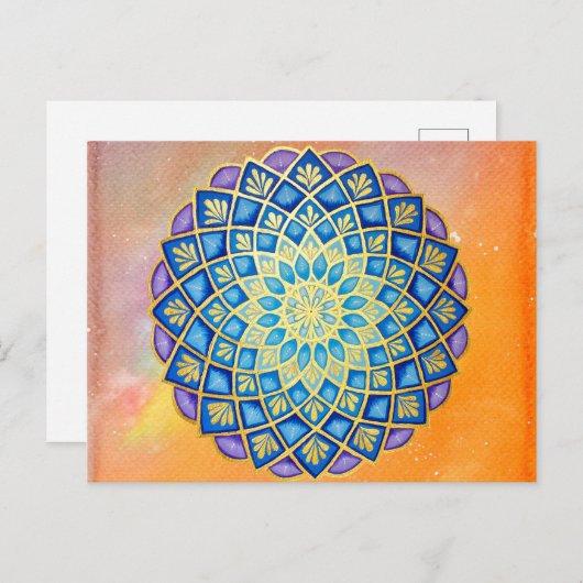 マンダラ金ゴールドオレンジウォーターカラーブルーパープルフローラ ポストカード (正面/裏面)