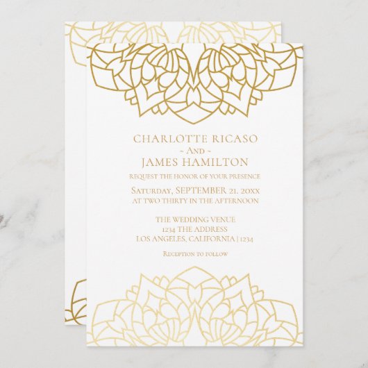 マンダラ金ゴールドホワイトパタパーソナライズされたーン結婚ズ 招待状 (正面/裏面)