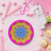 マンダラ魔法ブルー&金ゴールドオン明るい赤紫色 ペーパープレート (パーティー)