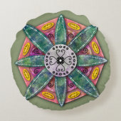 マンダラ8緑の花の花びら赤 ラウンドクッション (裏面)
