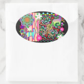 マンダラ、ネコと花ファンタジー模様 楕円形シール (バッグ)