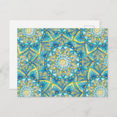 マンダラ フラワー ブルー ターコイズ イエロー パターン ポストカード (正面/裏面)