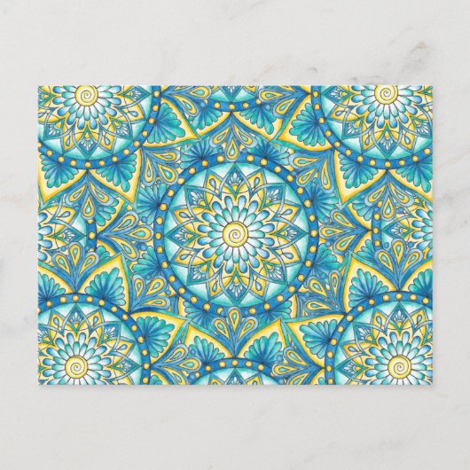 マンダラ フラワー ブルー ターコイズ イエロー パターン ポストカード (正面)