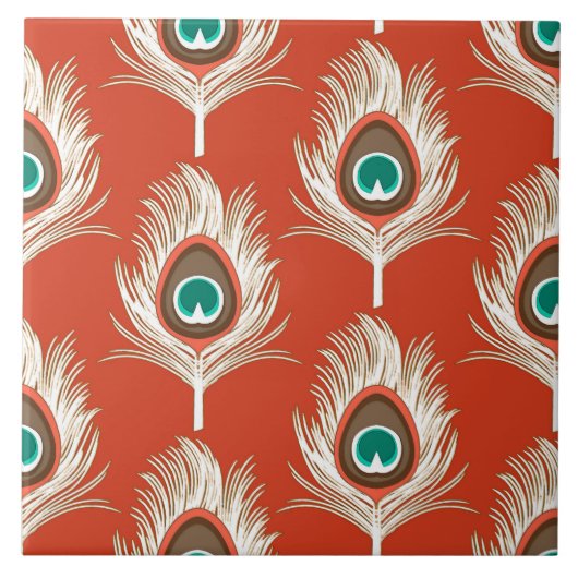 マンダリンオレンジで白い孔雀の羽 タイル (正面)