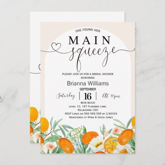 マンダリンフローラアーチメインスクイーズブライダルシャワー 招待状 (正面/裏面)