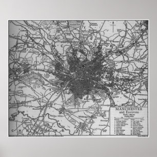 マンチェスターイギリス(1911年)のヴィンテージの地図 ポスター