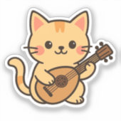 マンドリンを持つ猫のアートデザイン シール (正面)