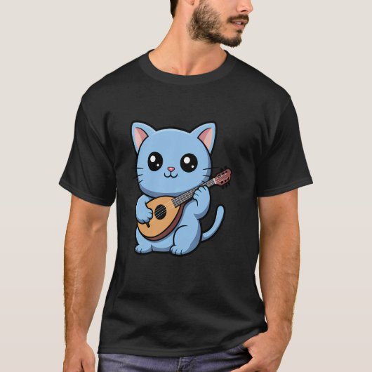 マンドリンを演奏する猫のマンドリニスト 子猫 音楽家 Tシャツ (正面)