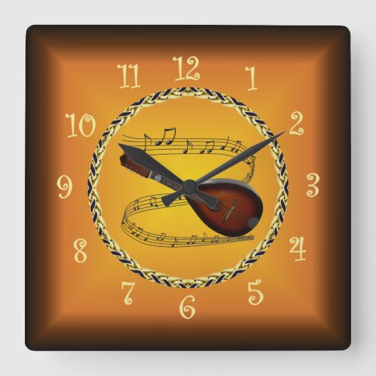 マンドリン01オンミュージカルスクロール&ラッセットオレンジ～ スクエア壁時計 (正面)