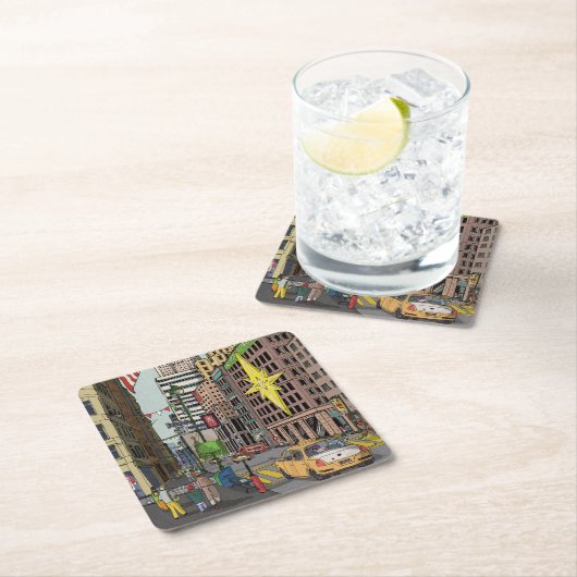 マンハッタンウィンターニューヨーククリスマスイラストレーション スクエアペーパーコースター (インサイチュ)