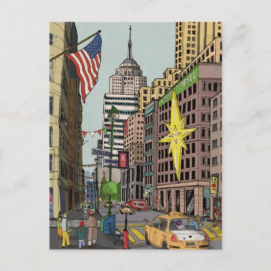 マンハッタンウィンターニューヨーククリスマスイラストレーション ポストカード (正面)